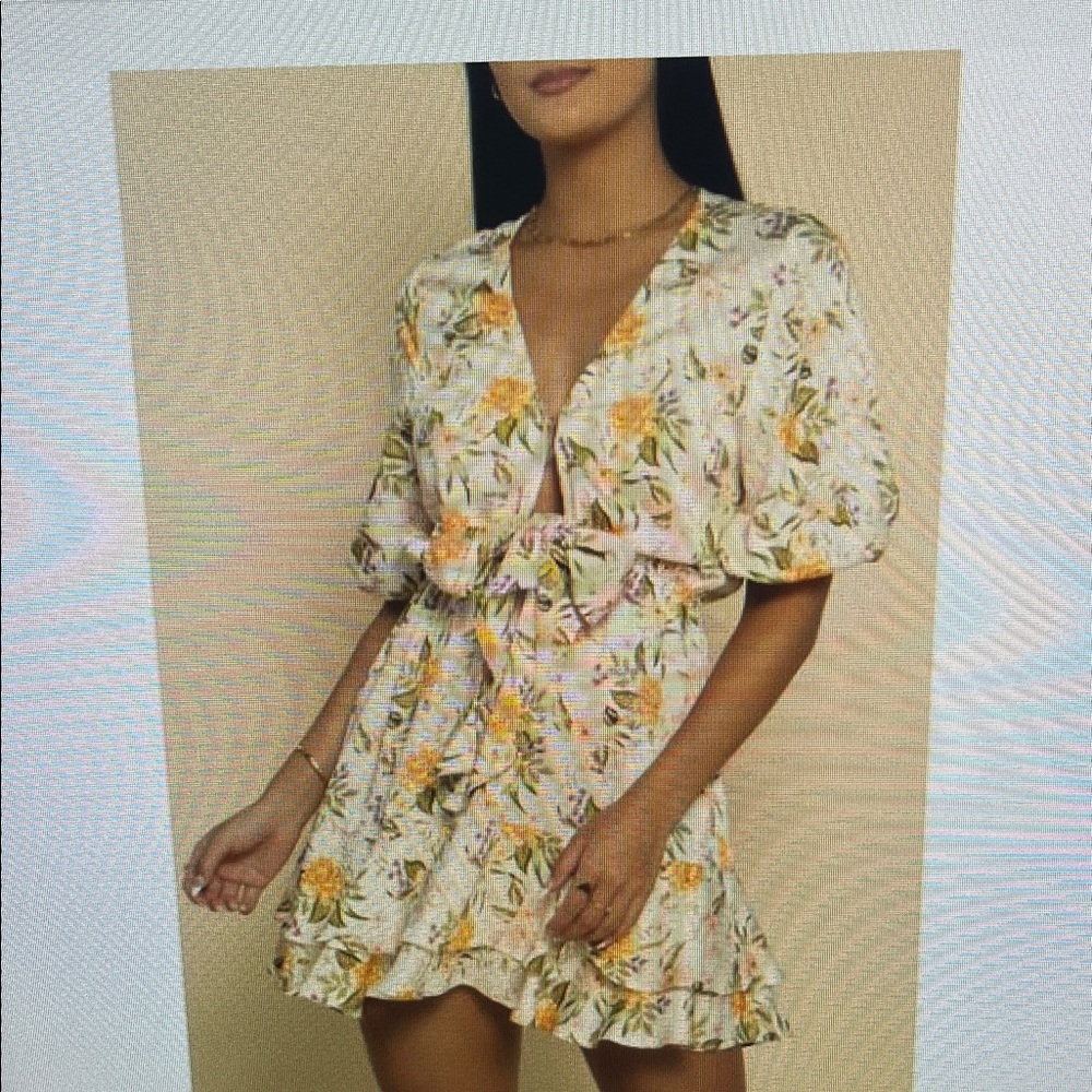 New SHORE malta dress lovely Yellow Floral Tie-Front Mini Dress